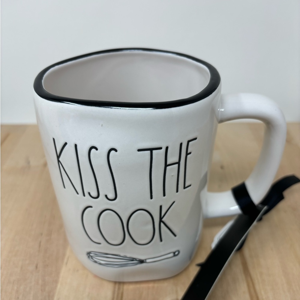 Rae Dunn KISS THE COOK Mug White Ceramic with Black Trim and Lettering New